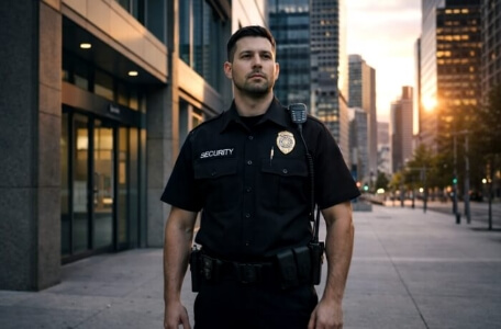 security guard on a city street facing the camera