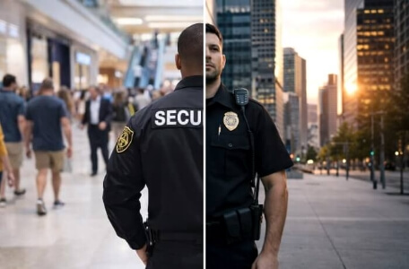 split image of security guard on a city street and in a shopping center