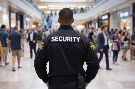 security guard in shopping center with his back to the camera