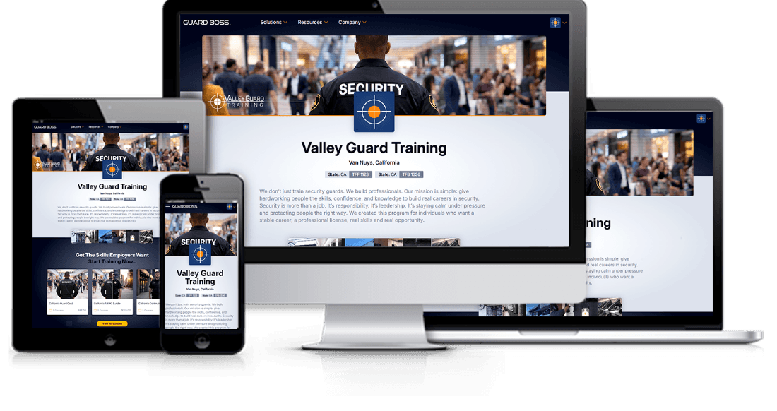 laptop, tablet, smartphone, and computer showing the Valley Guard Training Guard Boss profile