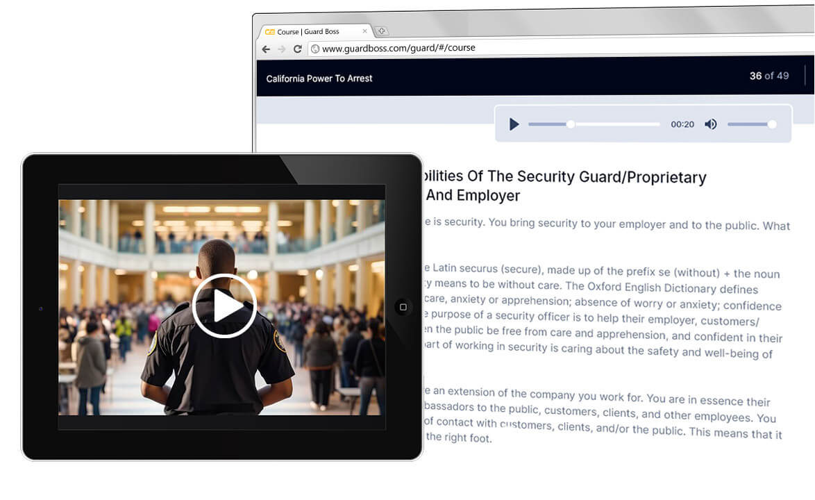 browser showing lesson content with tablet in foreground showing sample video training