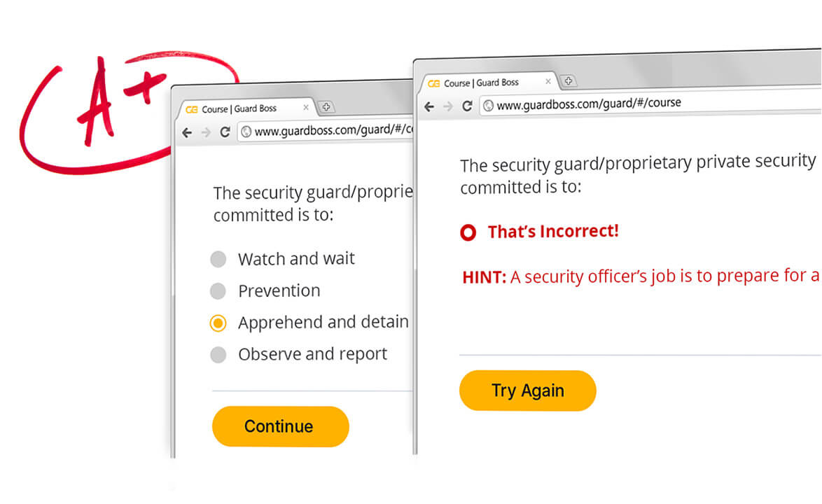 browsers showing sample test question and feedback when answer is incorrect