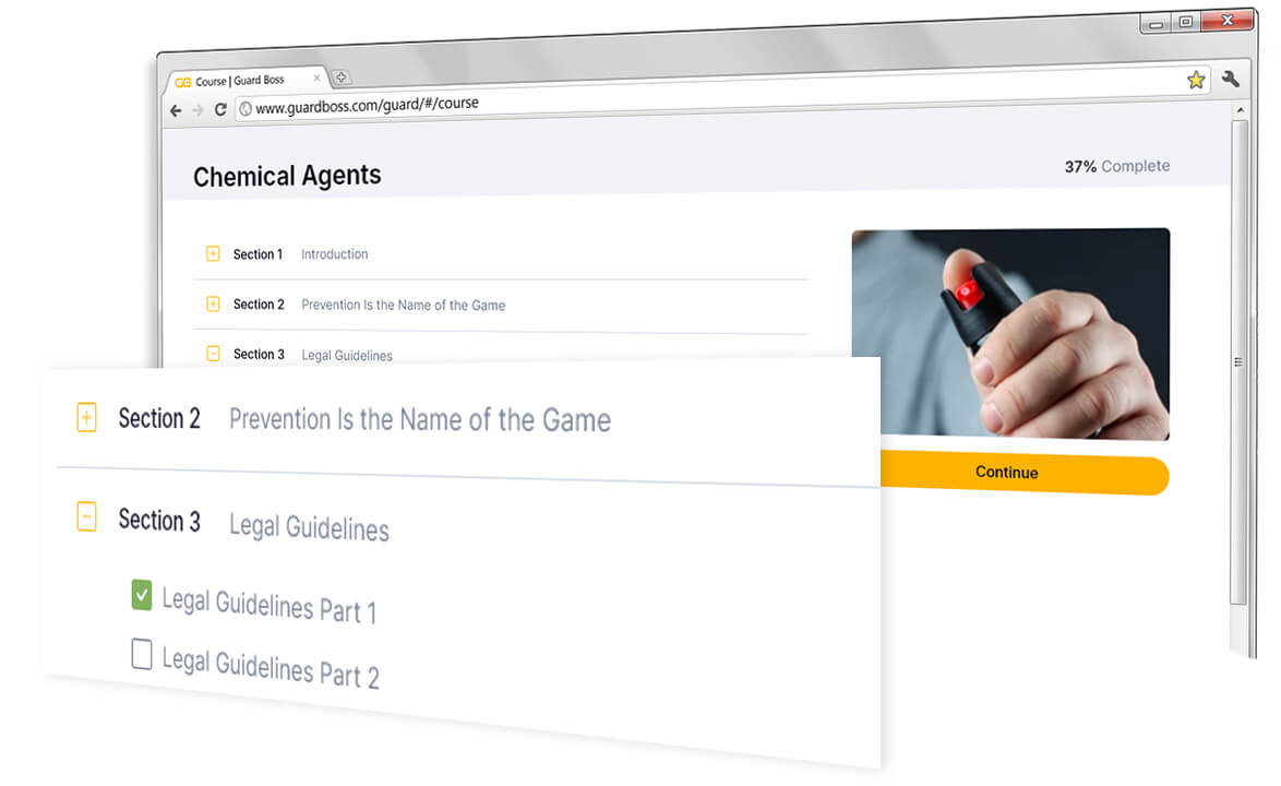 browser showing guard card lesson list with tracker in foreground