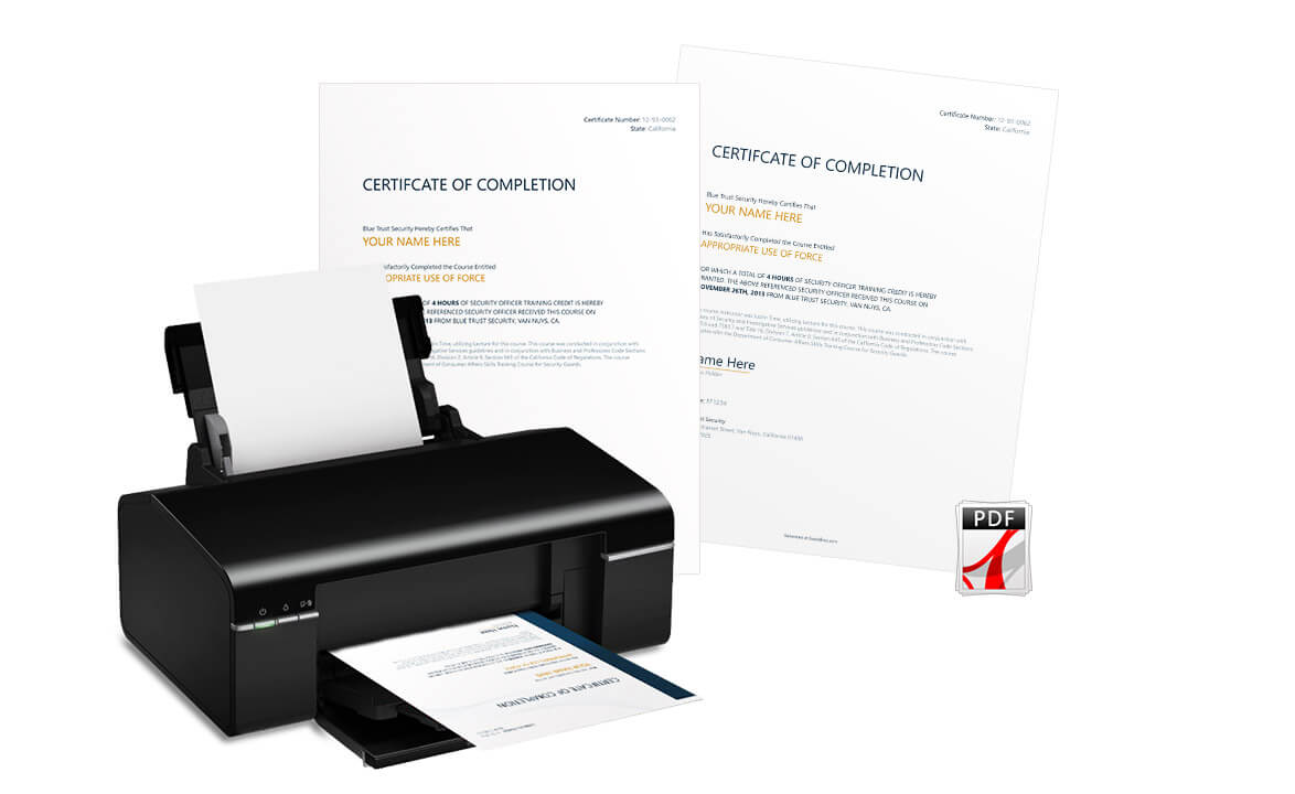 printer with completion certificates for California Guard Card classes in background