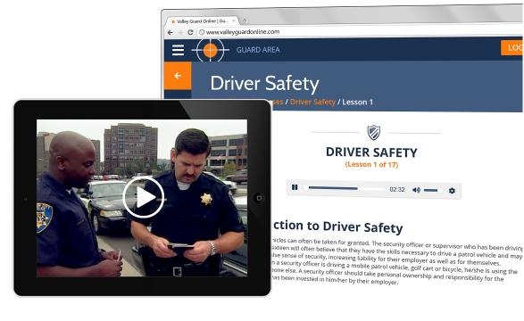 browser showing lesson content with tablet in foreground showing sample video training