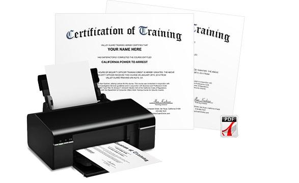 printer with completion certificates for California Guard Card classes in background